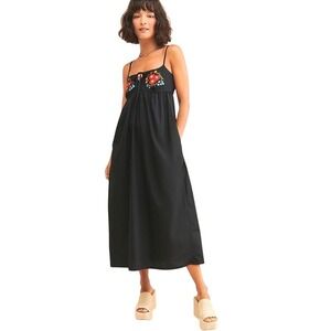 Naya Rea Faye Embroidered Dress Black Floral Boho Midi Cotton 14‎